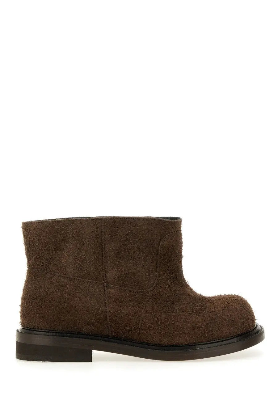 Brown suede ankle boot with low block heel and black rubber sole moschino women’s crust olivia boot brown