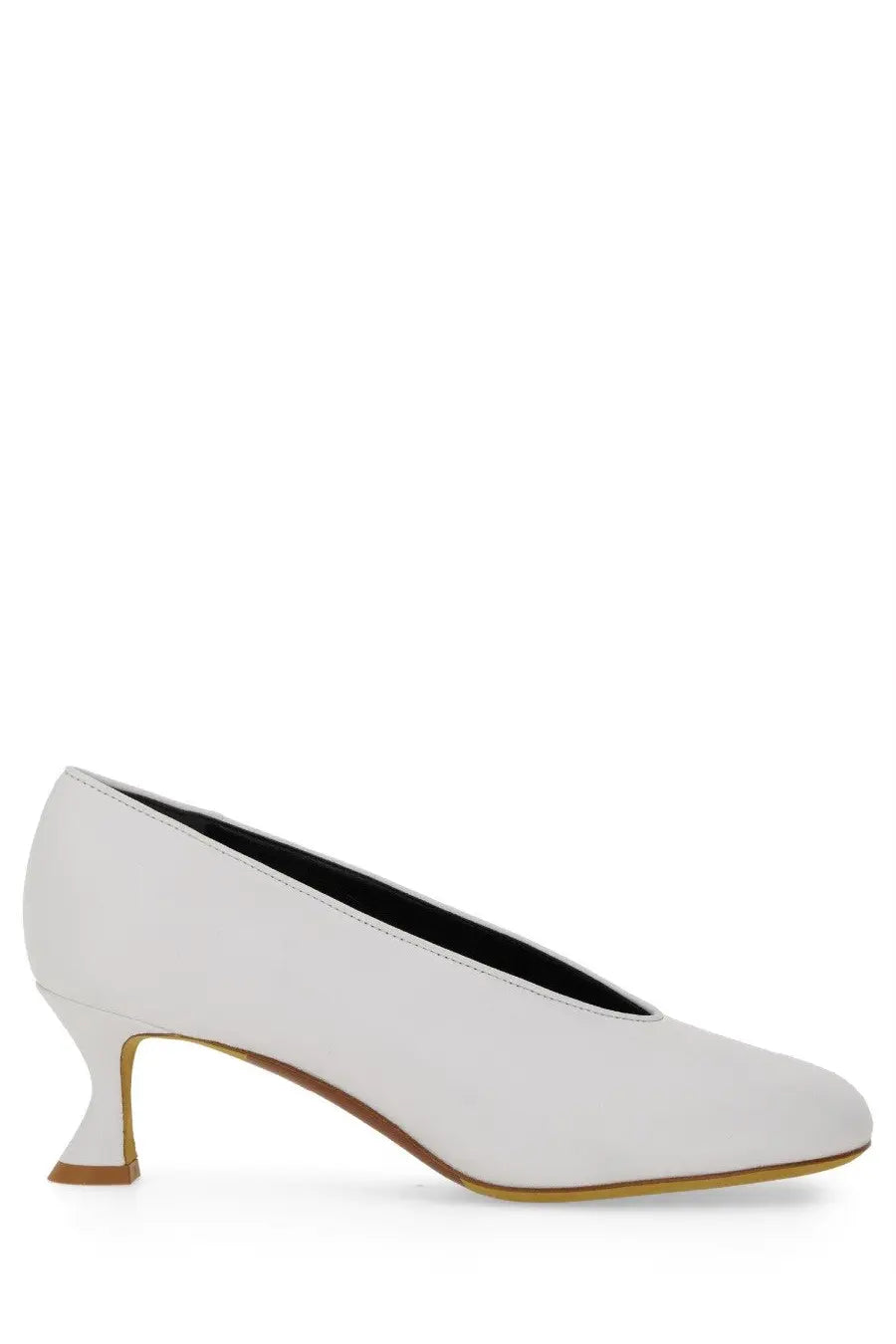 Moschino women’s decollete duck white leather pump with sleek minimalist design and distinctive curved heel