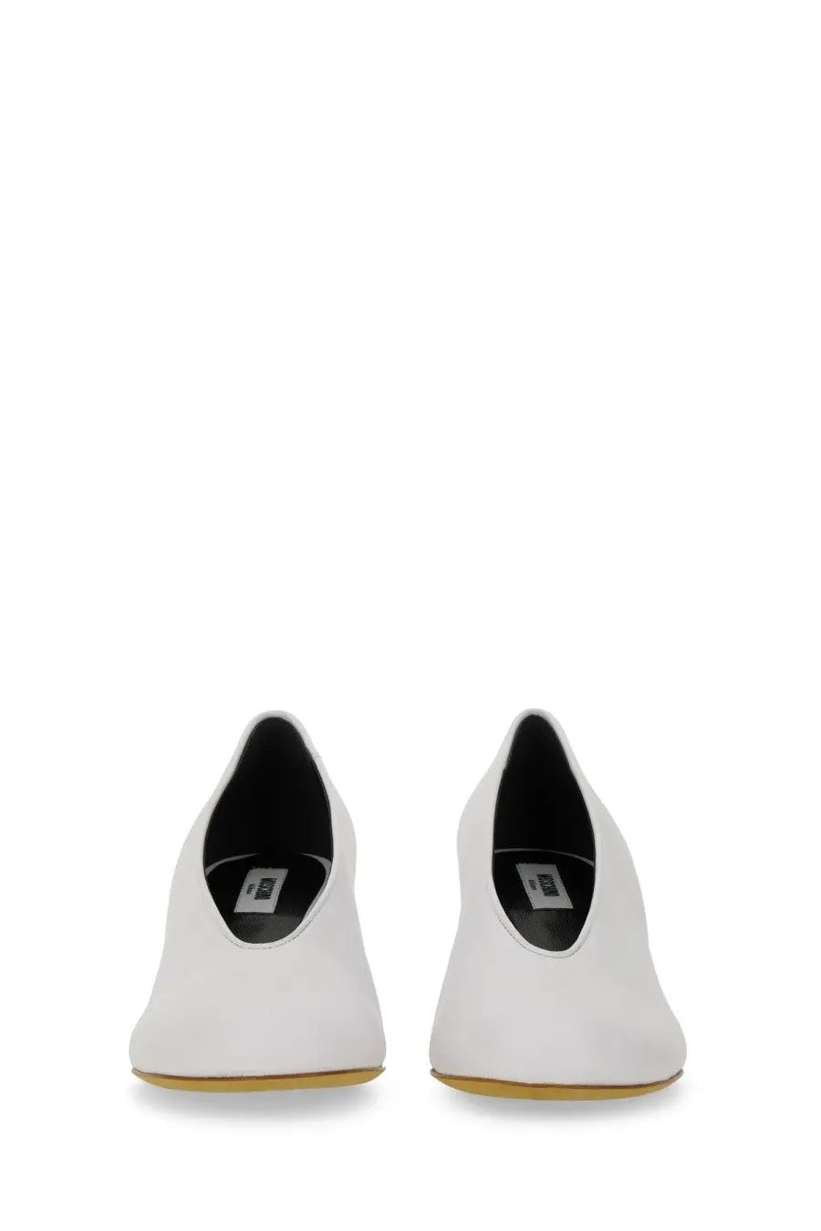 Moschino women’s decollete duck white leather pumps with sleek minimalist design and subtle gold toned soles