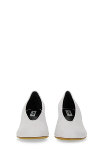 Moschino women’s decollete duck white leather pumps with sleek minimalist design and subtle gold toned soles