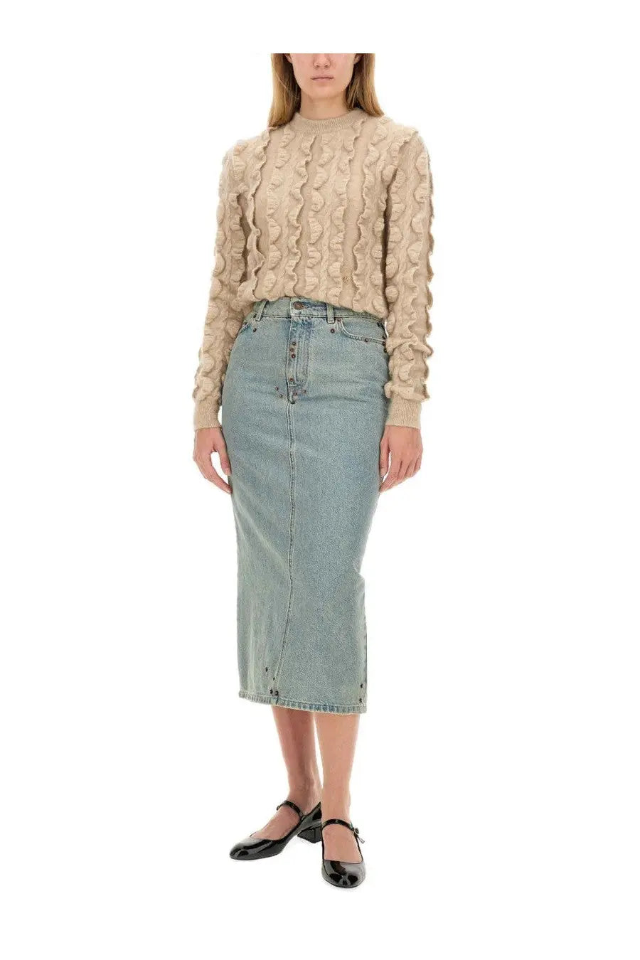 Beige textured knit sweater with ruffled wavy pattern paired with moschino womens blue denim skirt