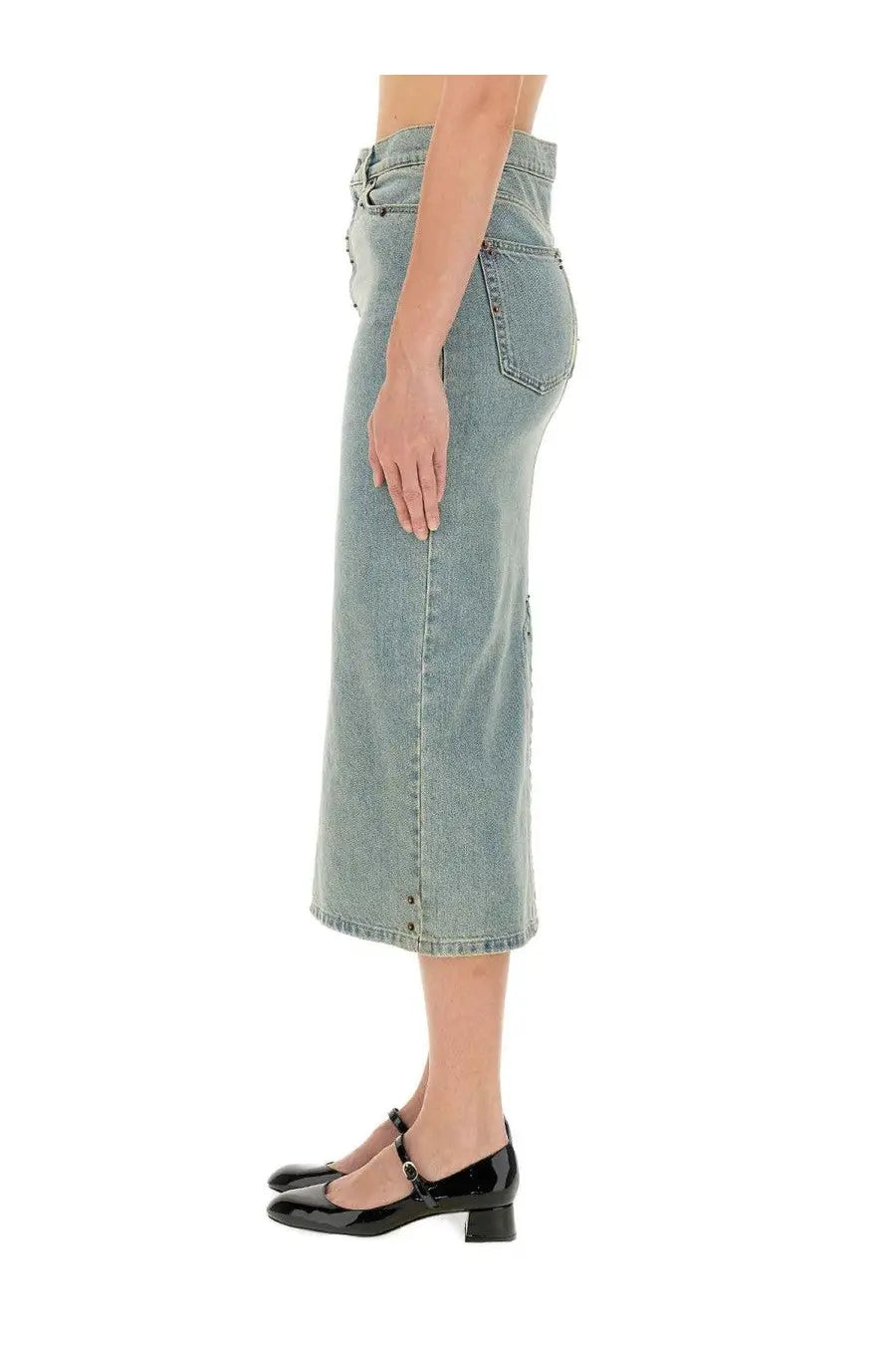A light-wash high waist denim midi skirt with button closure by Moschino in blue cotton material