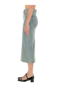 A light-wash high waist denim midi skirt with button closure by Moschino in blue cotton material