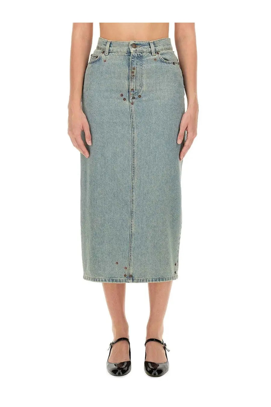 Moschino women’s denim skirt blue mid-thigh length light wash with visible stitching and dark metal studs on front seam