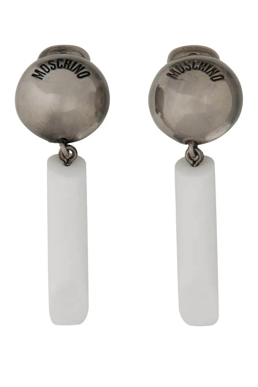 Moschino women’s silver-toned earrings with polished spherical tops engraved and white rectangular pendants