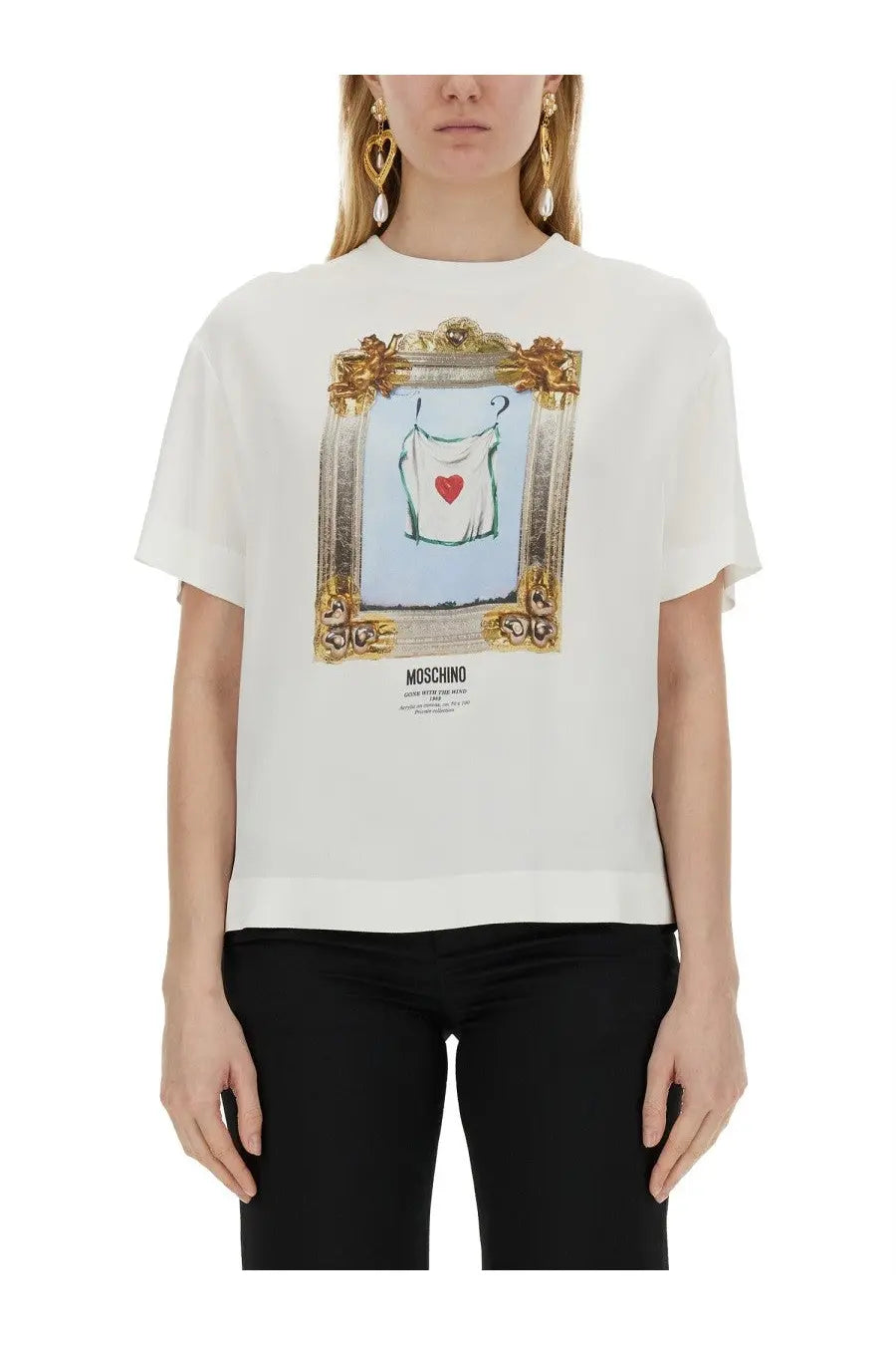 Moschino women’s white t shirt featuring a framed graphic of a white garment with a red heart and gold border