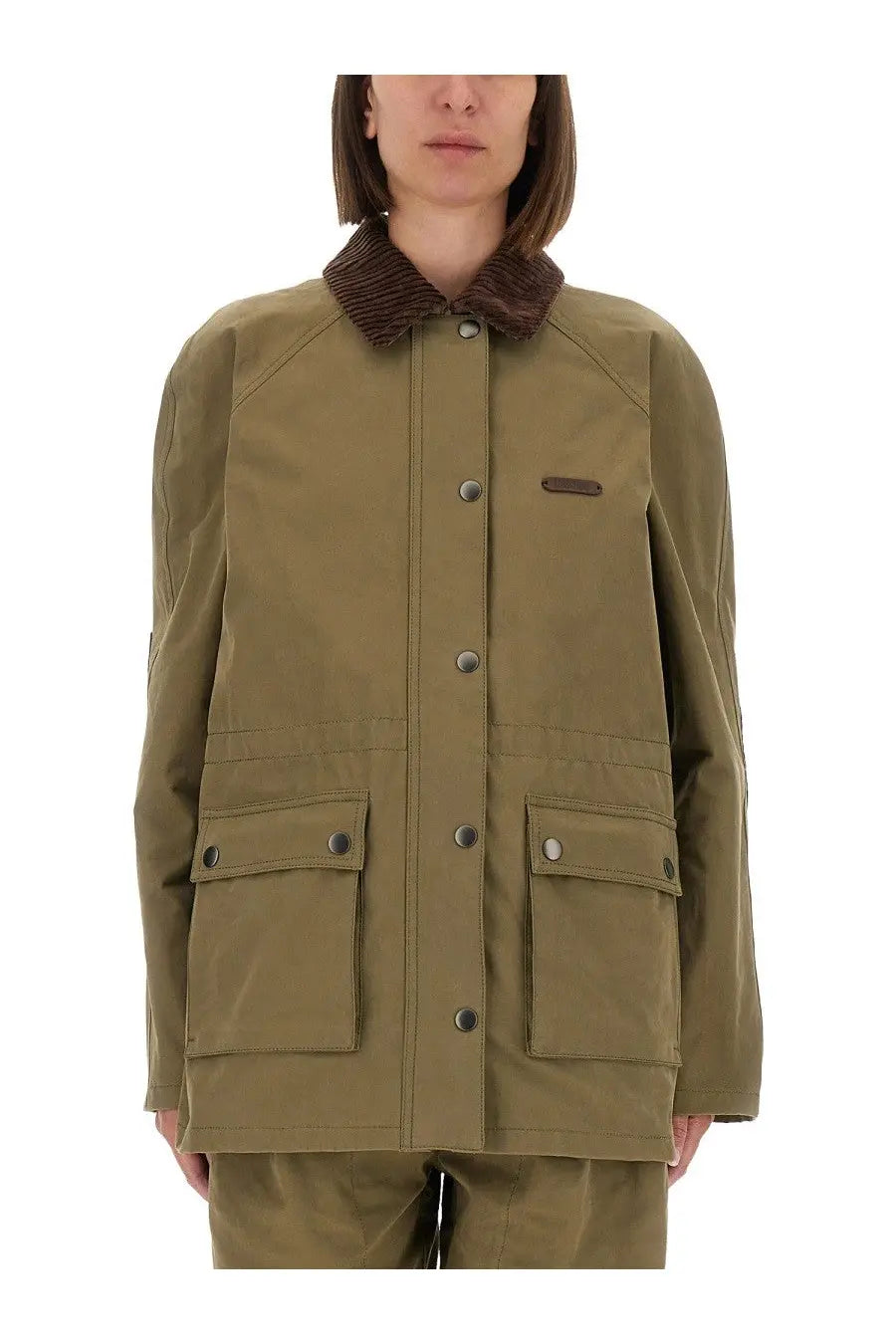 Olive green Moschino women’s heavy cotton utility jacket with textured brown corduroy collar and dark metal buttons