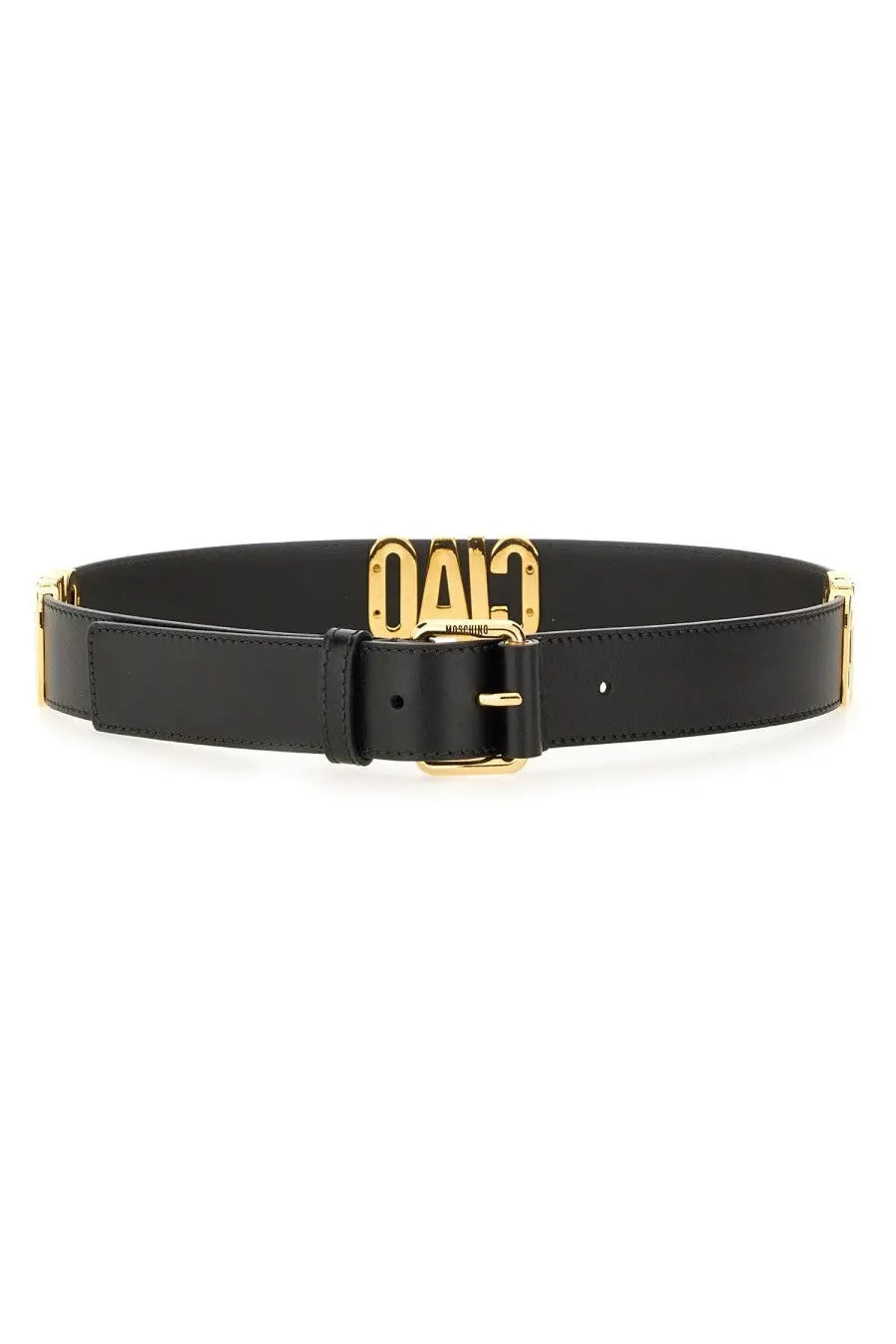 Moschino women’s black leather belt with gold-tone ciao buckle and matching side plates for stylish wear