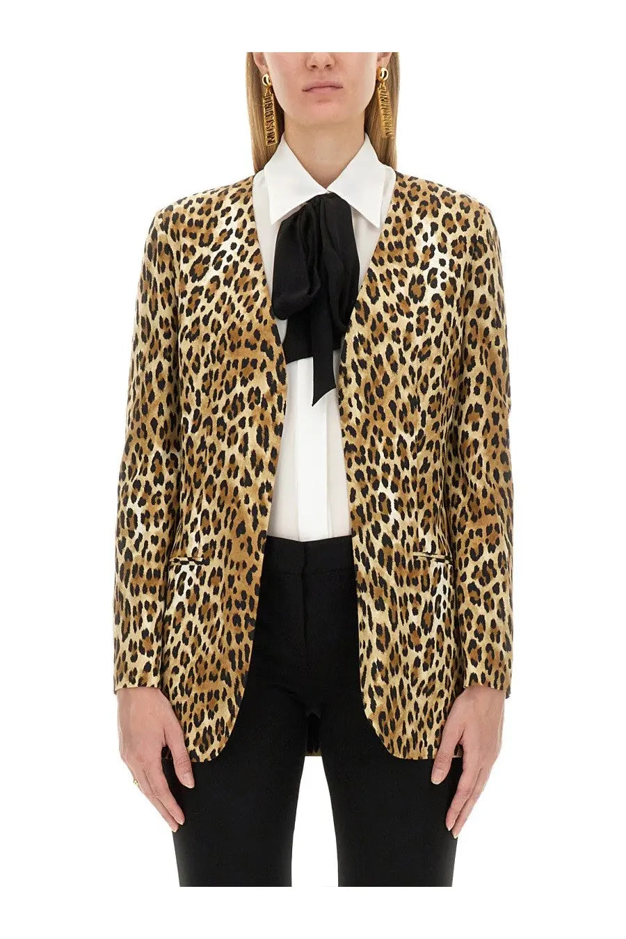 Moschino women’s leopard-print blazer with bold tan and black spots classic patterned jacket