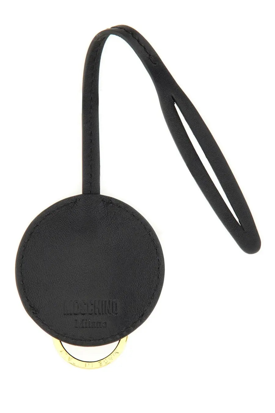 Moschino women’s black leather keychain with gold-tone metal ring and embossed moschino milano logo