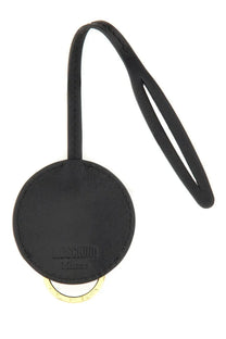 Moschino women’s black leather keychain with gold-tone metal ring and embossed moschino milano logo