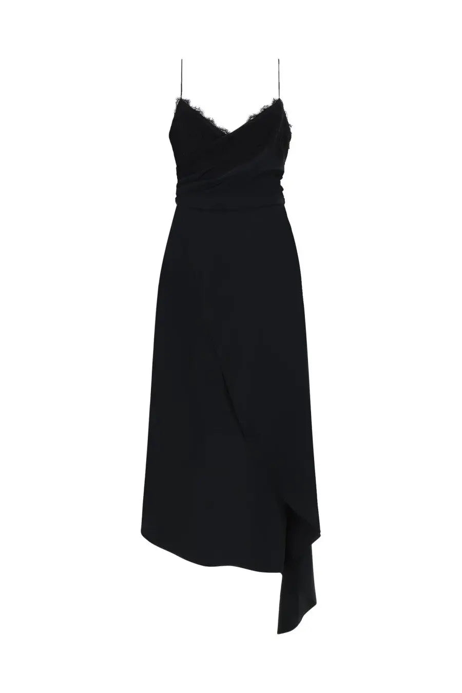 Moschino women’s midi dress black satin slip with lace trim neckline and draped asymmetrical hem