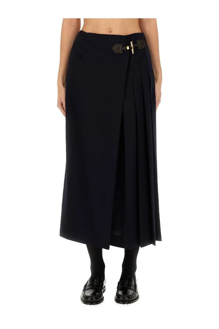Moschino women’s black pleated midi skirt with leather and gold-tone buckle at the waist
