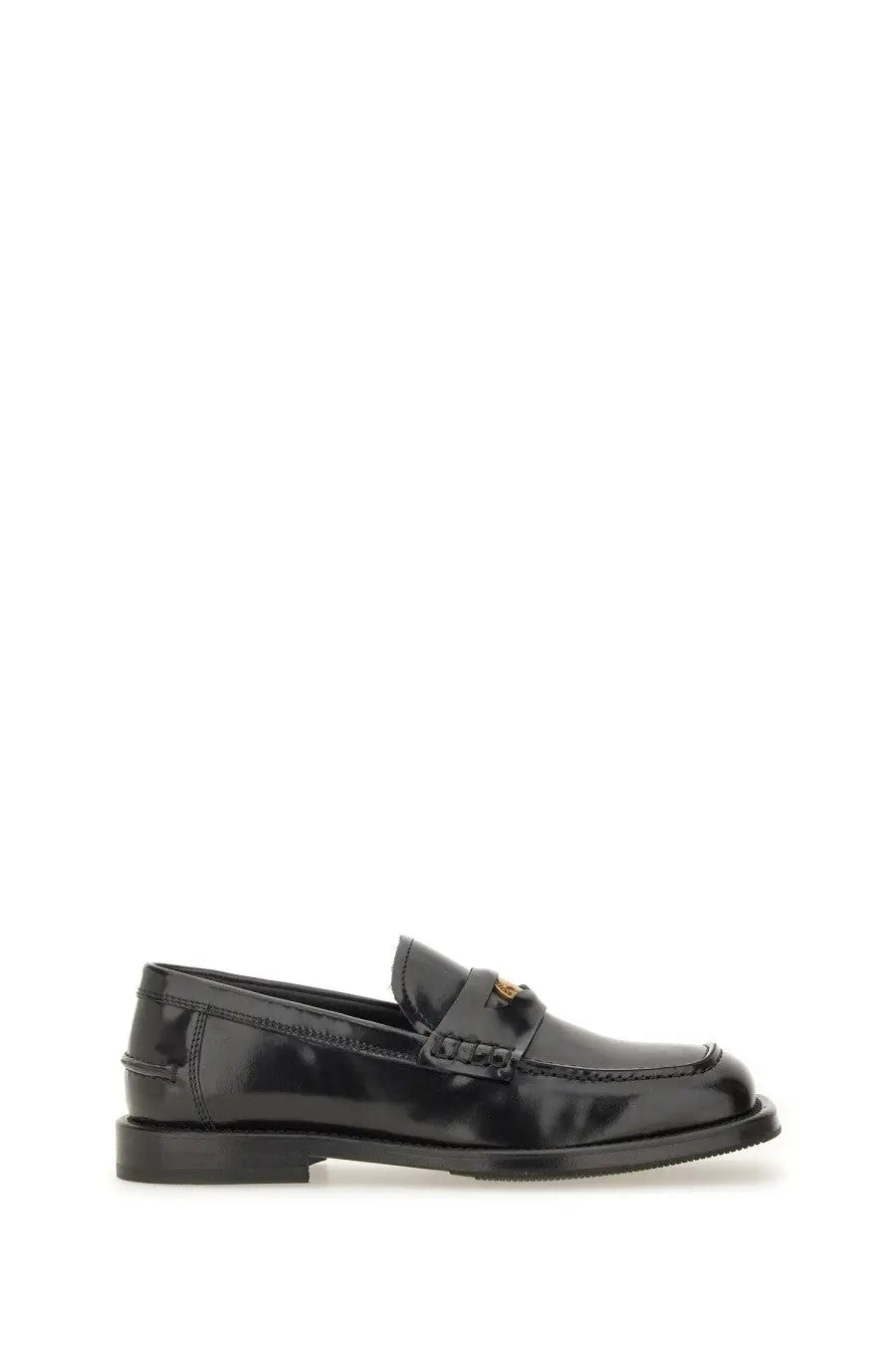 Black patent leather Moschino women’s moccasin Berlin loafer with gold-tone logo on the strap