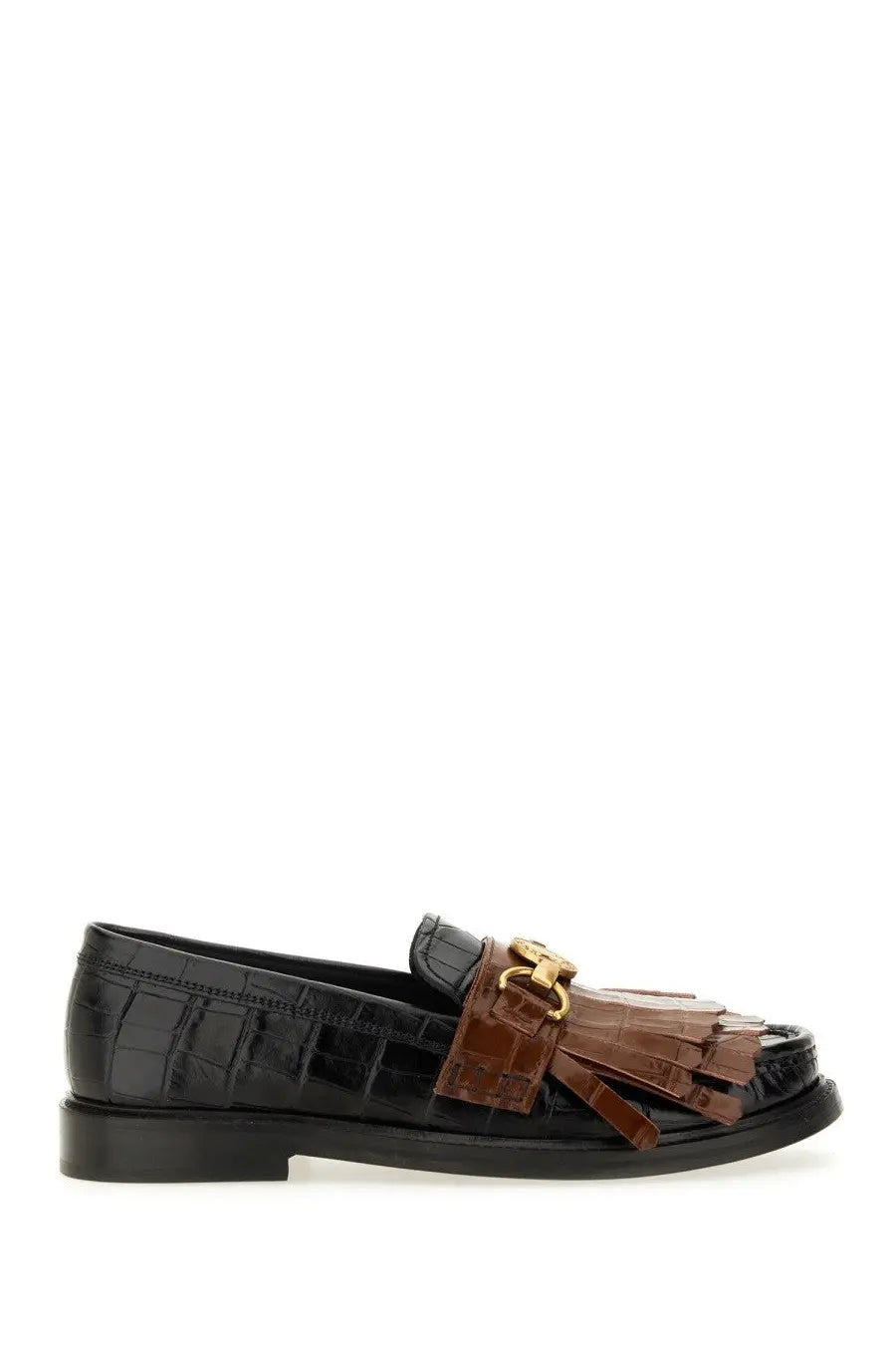 Moschino women’s black moccasin loafer in croc-embossed leather with brown fringed strap and gold-tone buckle