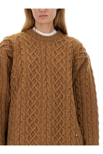 Moschino women’s oversize fit jersey beige cozy camel cable-knit sweater with textured pattern and ribbed cuffs