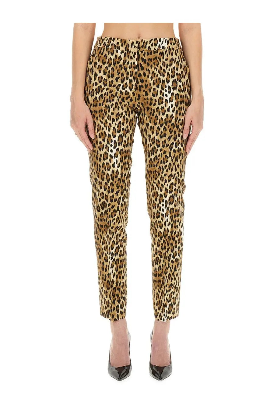 Moschino women’s leopard-print cropped trousers in shiny metallic fabric for stylish casual wear
