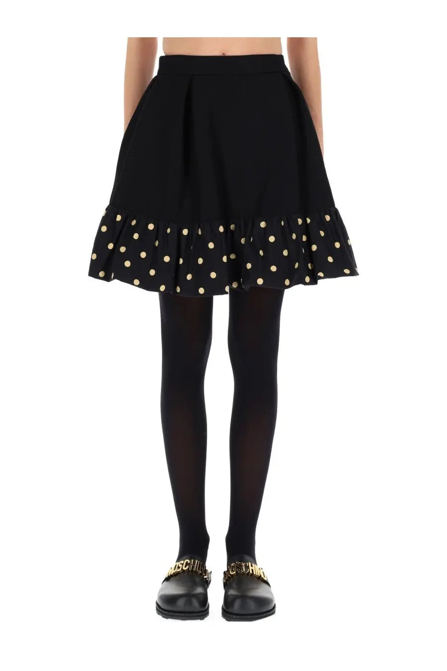 Moschino women’s black pleated mini skirt with cream polka dots and ruffled hem perfect for stylish occasions