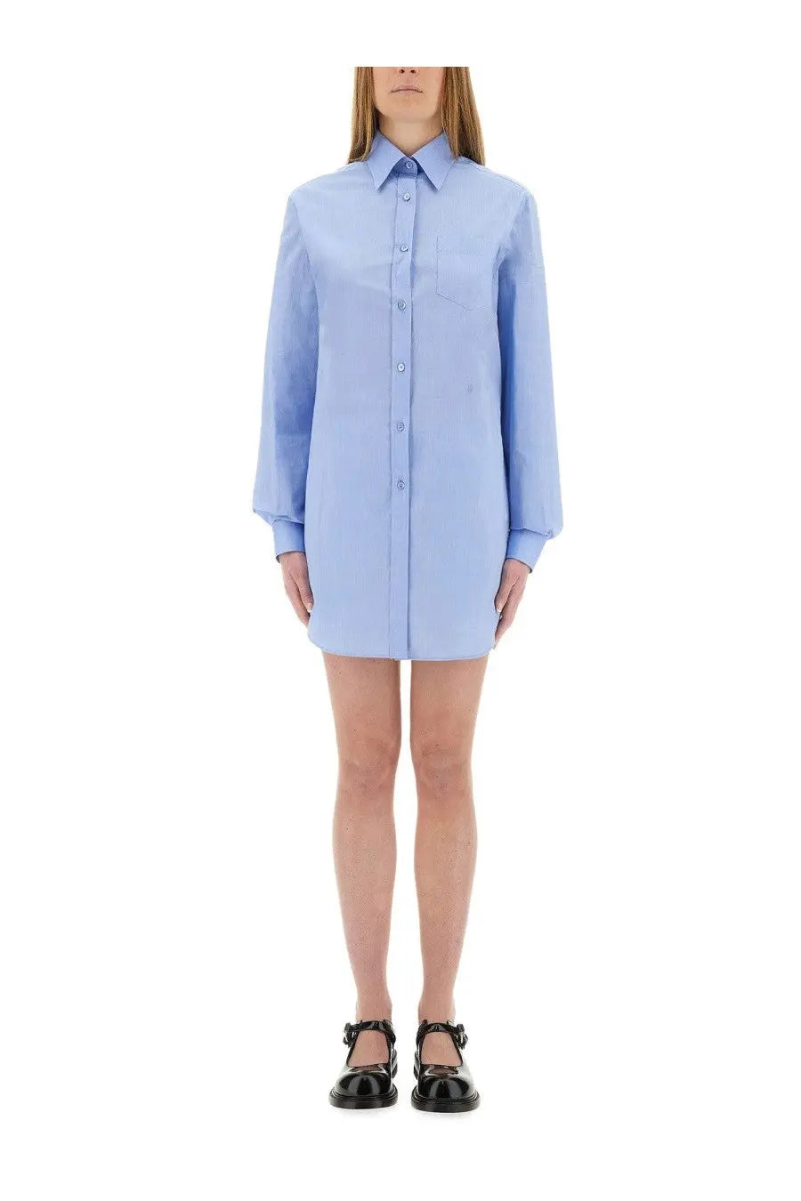 Moschino women’s light blue poplin long-sleeved shirt dress jumpsuit with classic collar and front placket