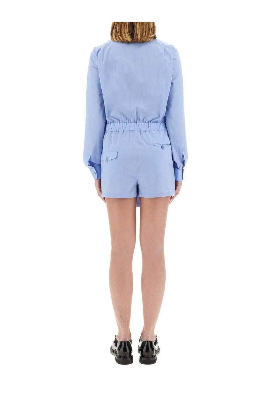 Moschino women’s light blue poplin chemise jumpsuit with long sleeves gathered waist and two front pockets