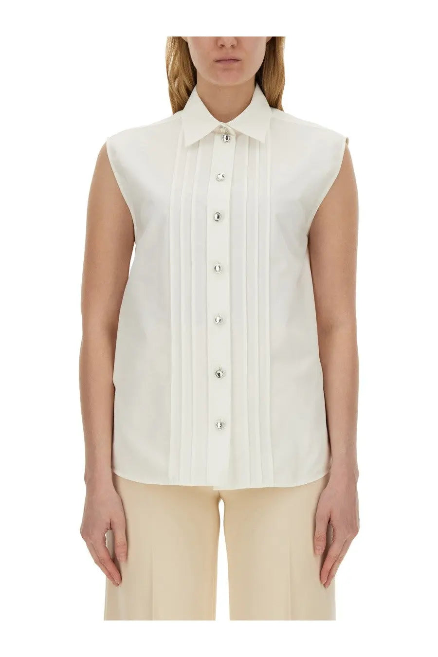 Moschino women’s white poplin sleeveless blouse with classic collar vertical pleats and silver button fastening