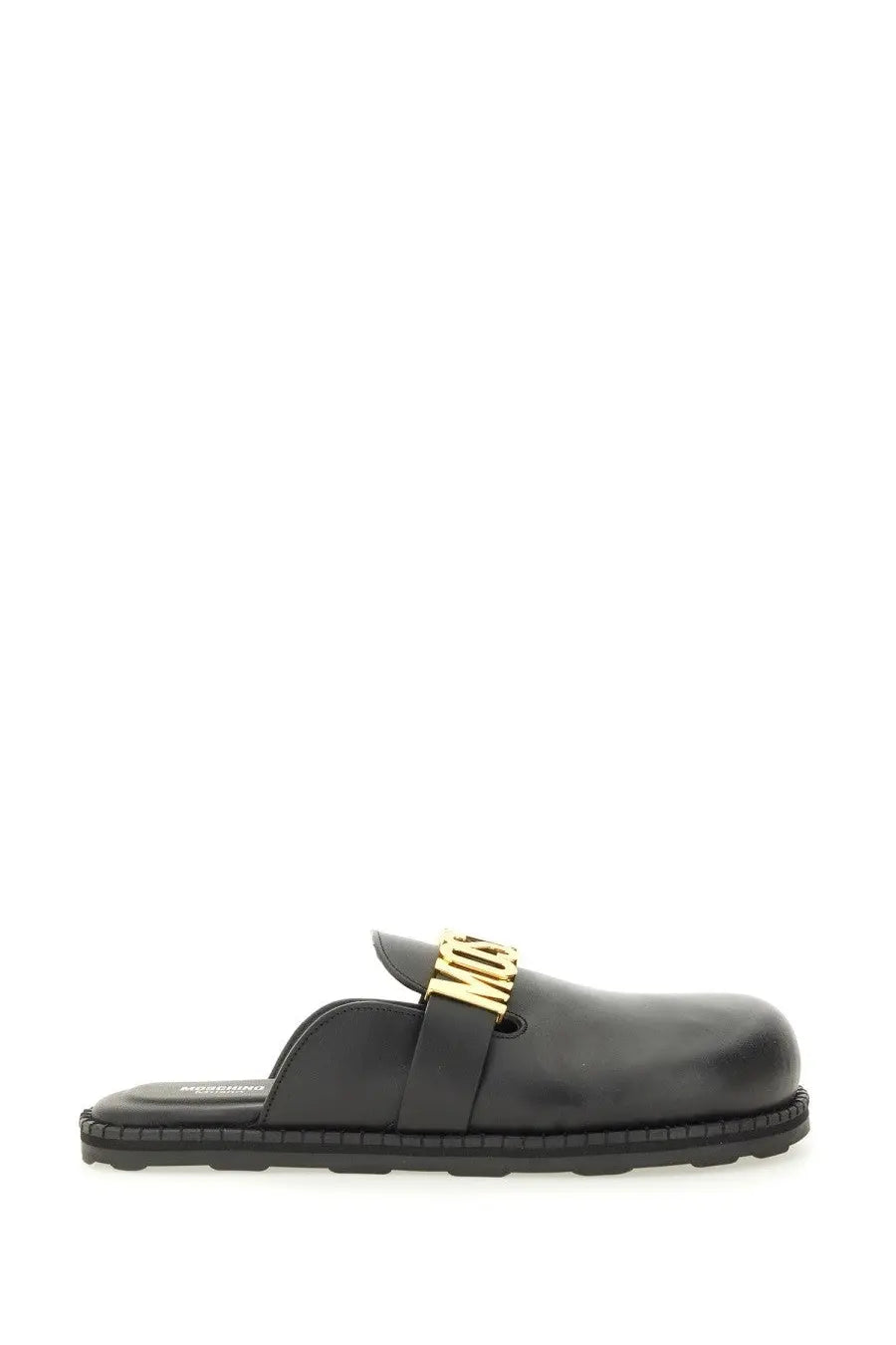 Black leather slip-on mule with gold-tone Moschino logo buckle for women Sabot style