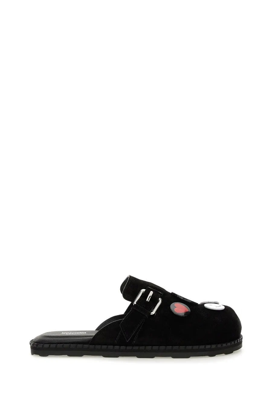 Moschino women’s black suede mule slip-on sandal with silver buckle and embroidered heart and eye patches