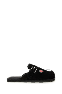 Moschino women’s black suede mule slip-on sandal with silver buckle and embroidered heart and eye patches