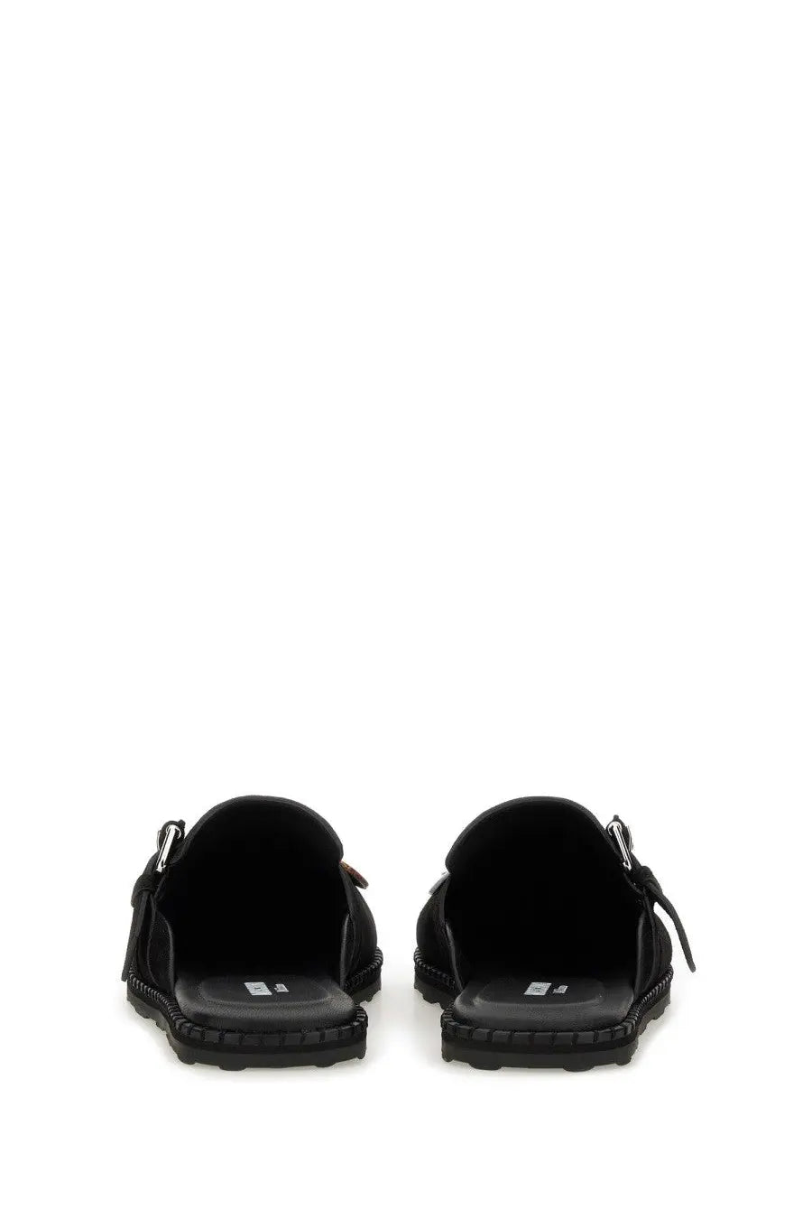 Moschino women’s sandalo pin black black suede mules with zipper closure and textured rubber soles front view