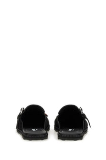 Moschino women’s sandalo pin black black suede mules with zipper closure and textured rubber soles front view