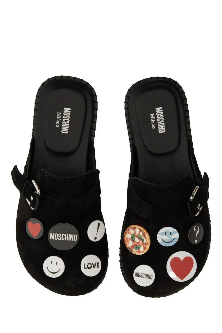 Moschino women’s sandalo pin black slide sandals in black suede with colorful circular patches of hearts smiley faces pizza and logo