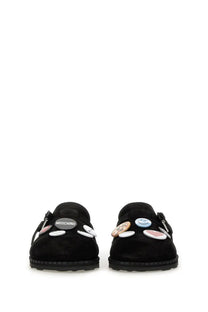 Moschino women’s sandalo pin black suede slip-on mules with colorful button embellishments and logo patch