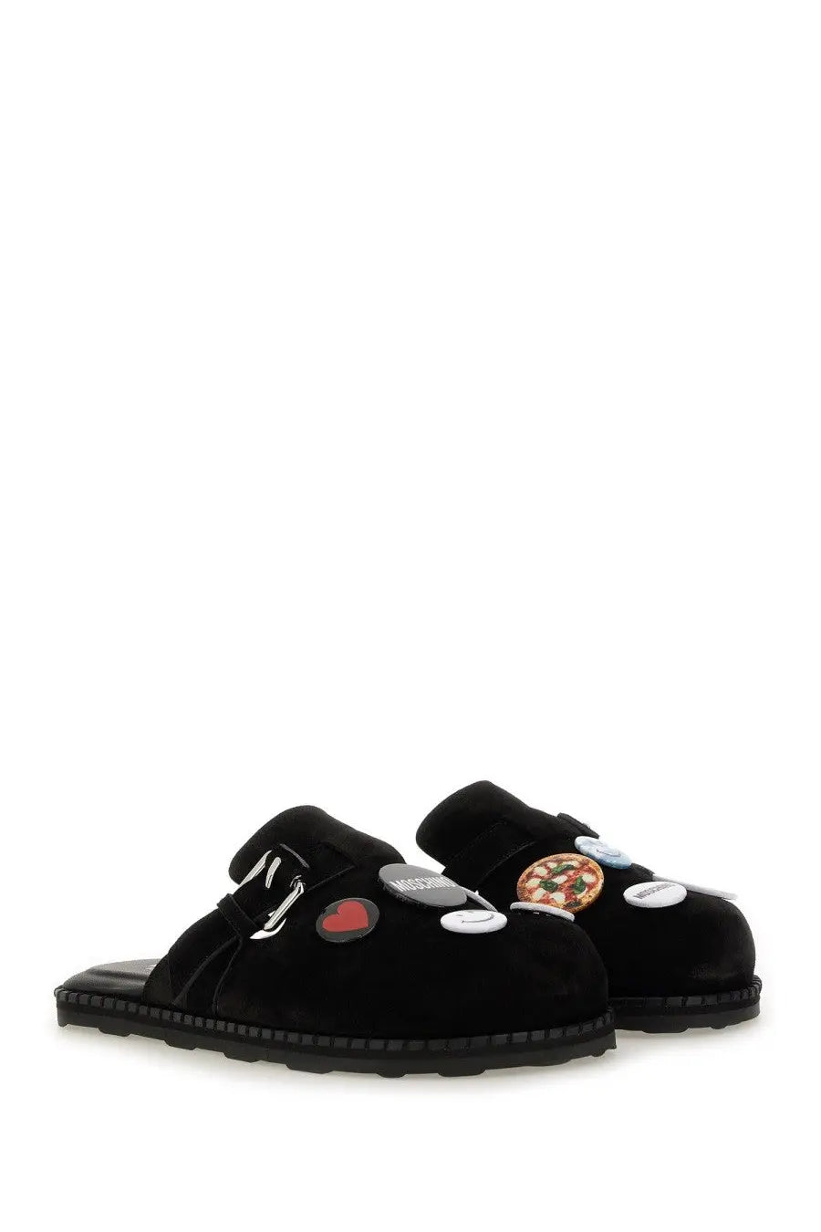 Moschino women’s black velvet slide sandals with colorful embroidered heart smiley face and pizza patches