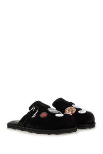 Moschino women’s black velvet slide sandals with colorful embroidered heart smiley face and pizza patches