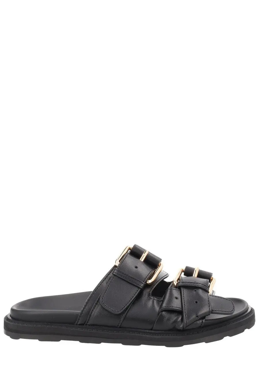 Moschino women’s black leather slide sandal with two gold-tone buckle straps and chunky rubber sole