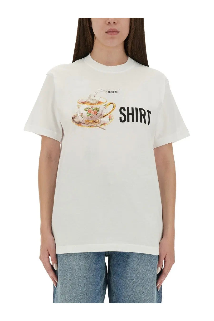 Moschino white cotton t-shirt with ornate floral teacup illustration and bold black shirt lettering on front