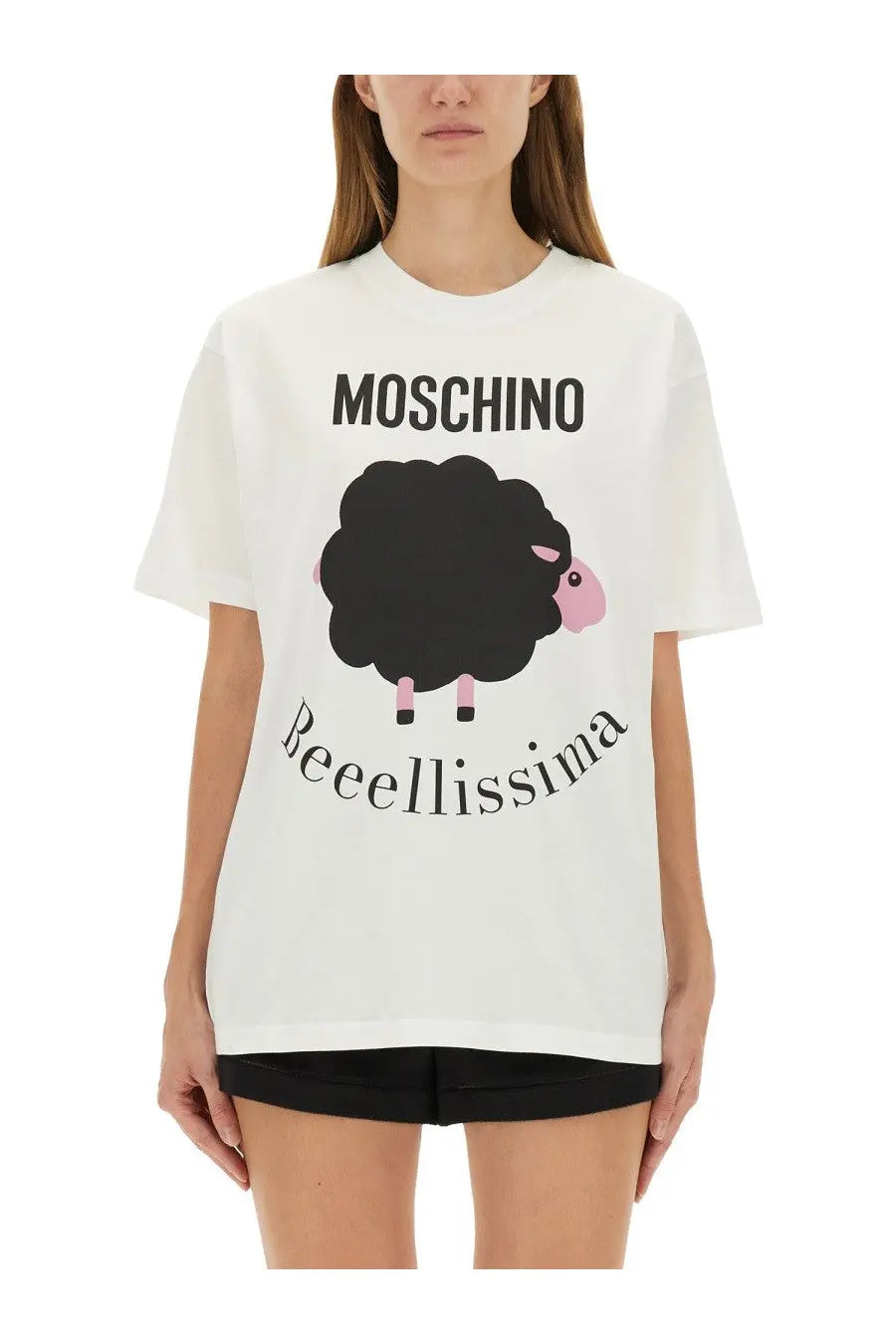 Moschino women’s white cotton t-shirt featuring a black sheep with pink face and legs above beeellissima text