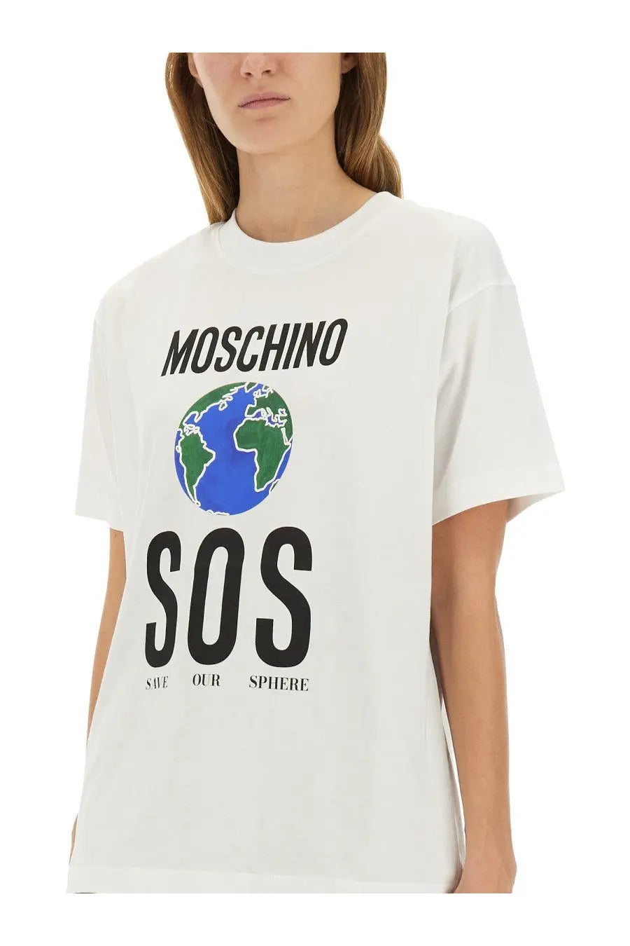 Moschino women’s white t-shirt with bold black sos graphic and blue green globe above brand name in black letters