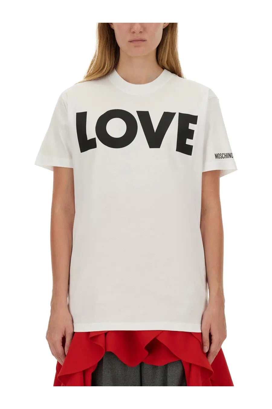 Moschino women’s white cotton t-shirt with bold black love lettering and small brand logo on the sleeve
