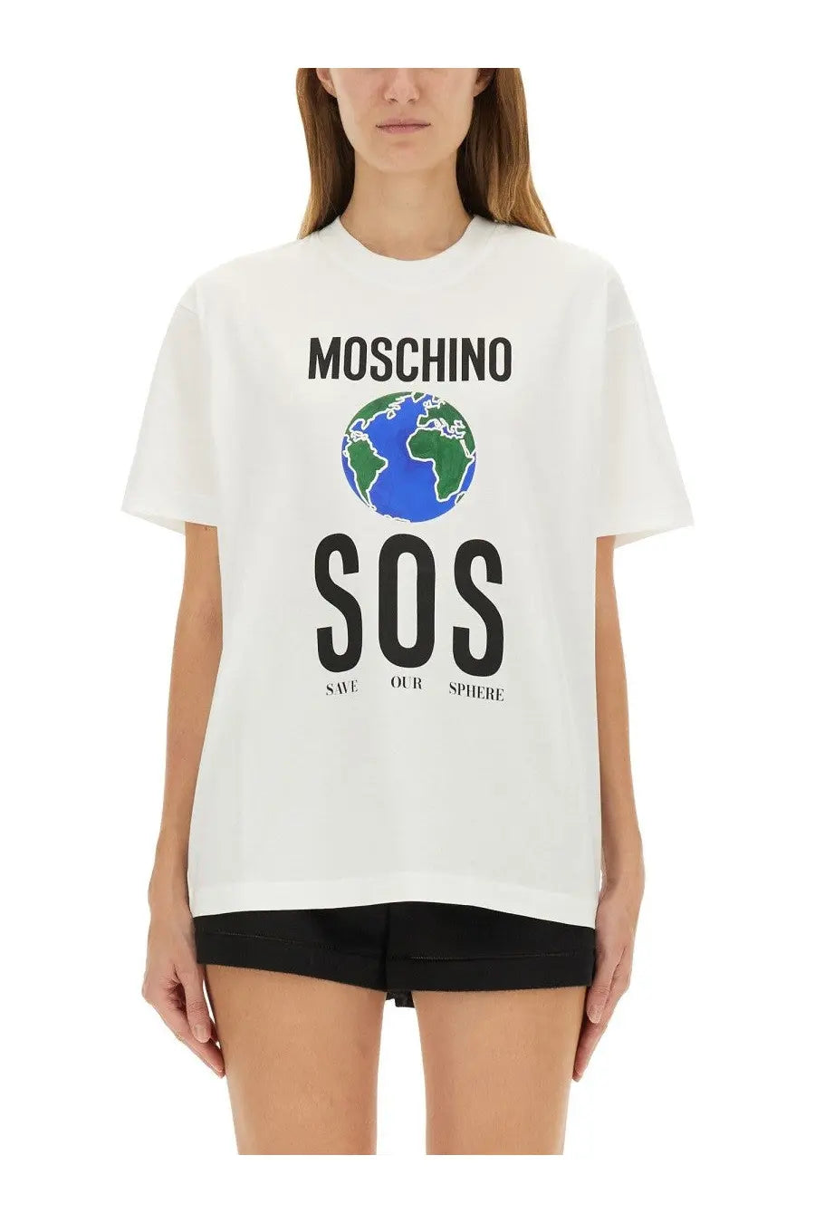 Moschino women’s white cotton t-shirt with bold earth graphic and sos save our sphere print in black