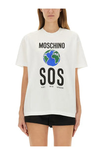 Moschino women’s white cotton t-shirt with bold earth graphic and sos save our sphere print in black