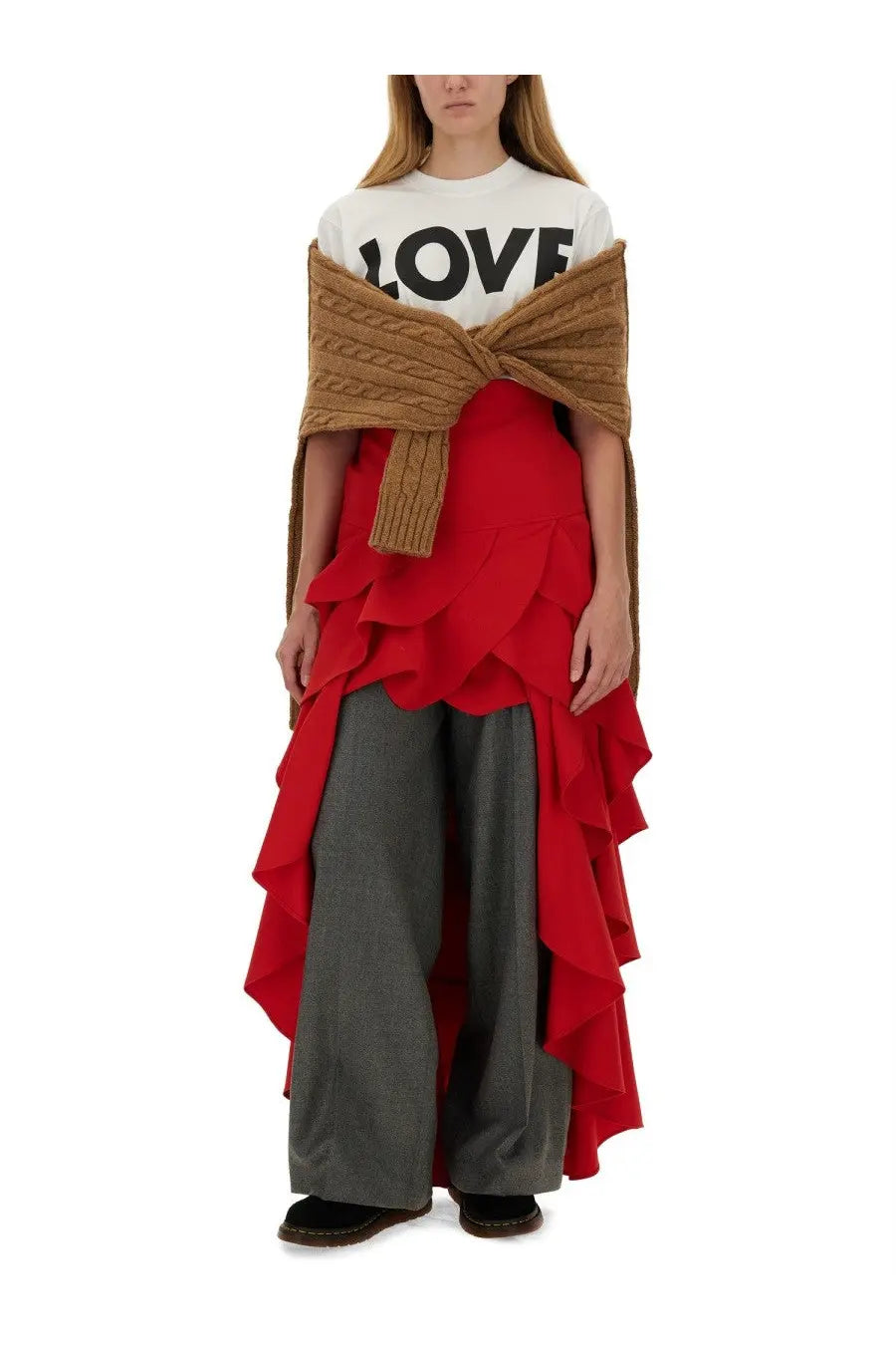 Moschino women’s white shirt paired with a vibrant red layered ruffle skirt over wide-leg grey trousers