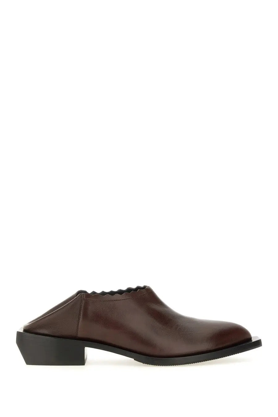 Moschino women’s brown leather mule shoe with scalloped opening and black block Cuban heel