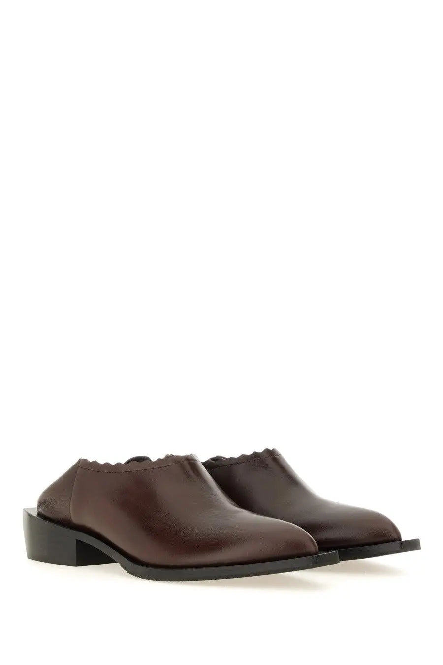 Moschino women’s brown leather mules with scalloped edge and low block Cuban heel