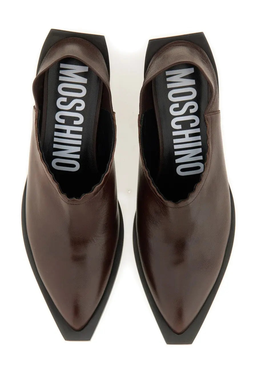 Moschino women’s shootie ankle boots in brown glossy leather with pointed toe and black rubber soles