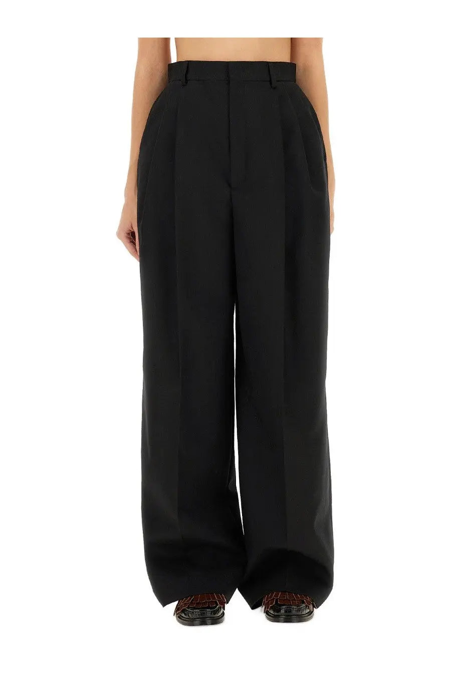 Moschino women’s black high-waisted wide-leg tailored pants with structured design perfect for formal wear