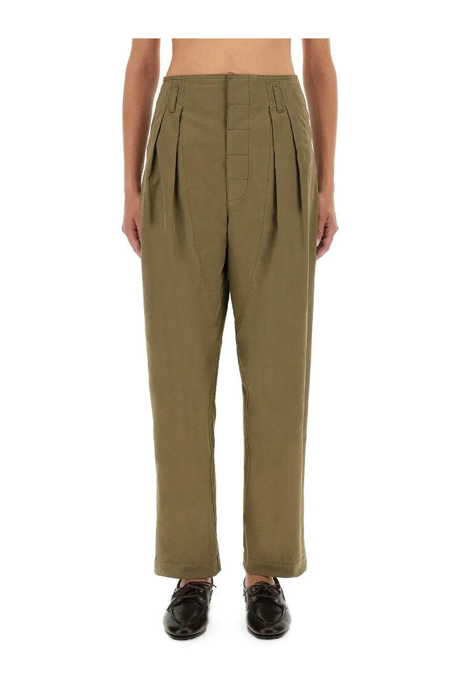 Olive green high-waisted pleated tailored pants with structured front panel and straight-leg cut by moschino women