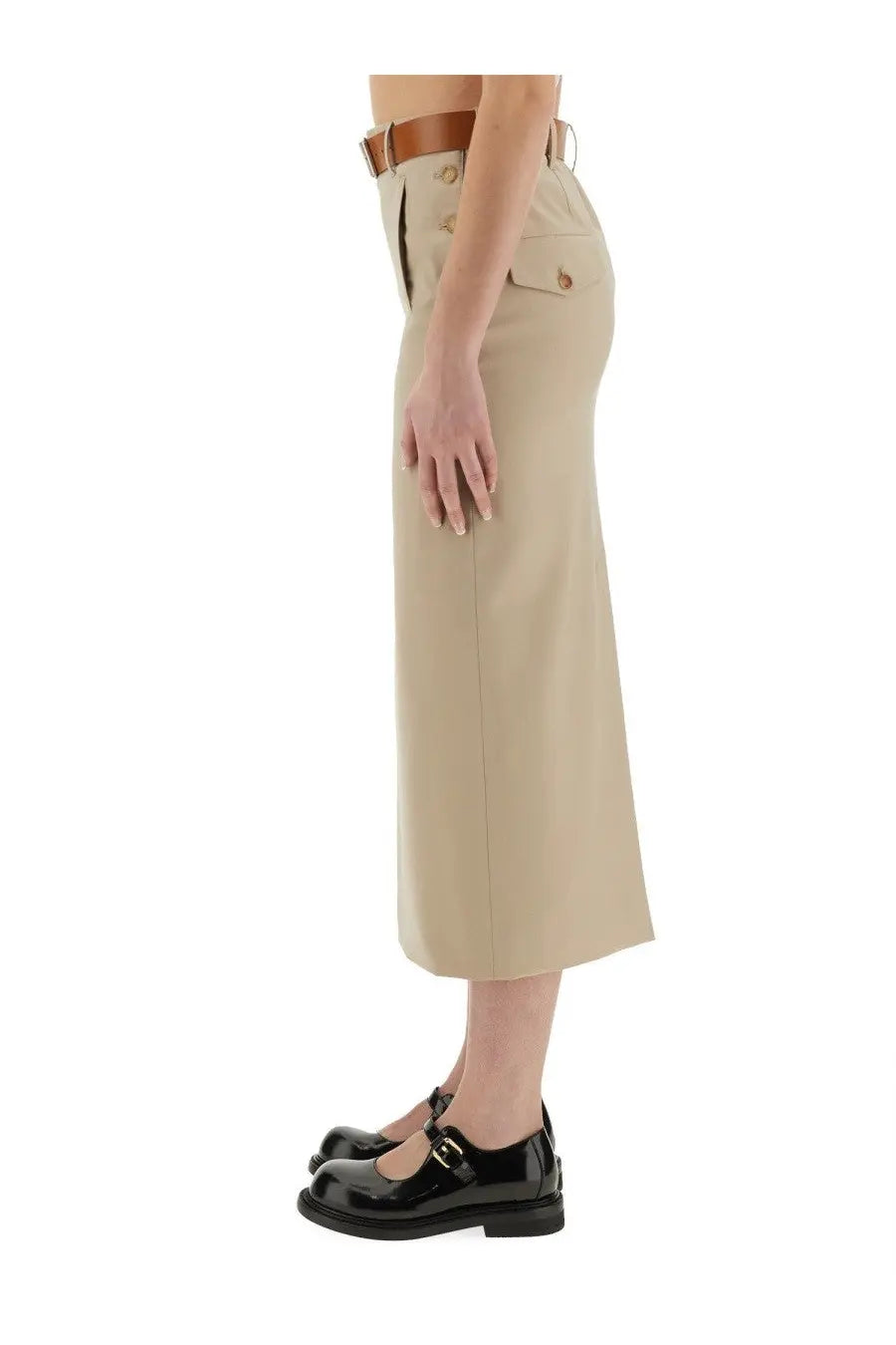 Beige Moschino women’s tailored twist long skirt with high-waisted midi length and buttoned front pockets