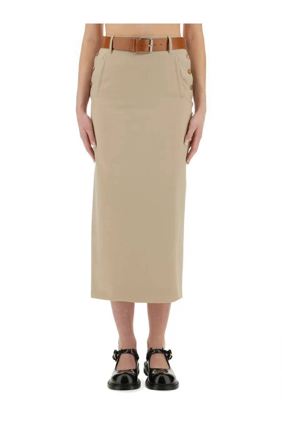 Beige high-waisted tailored twist long skirt by Moschino with button detailing on the sides in midi length