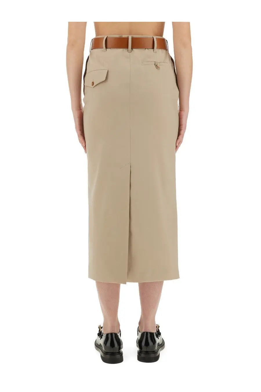 Moschino women’s beige tailored twist long midi skirt with front slit side pockets and brown leather belt
